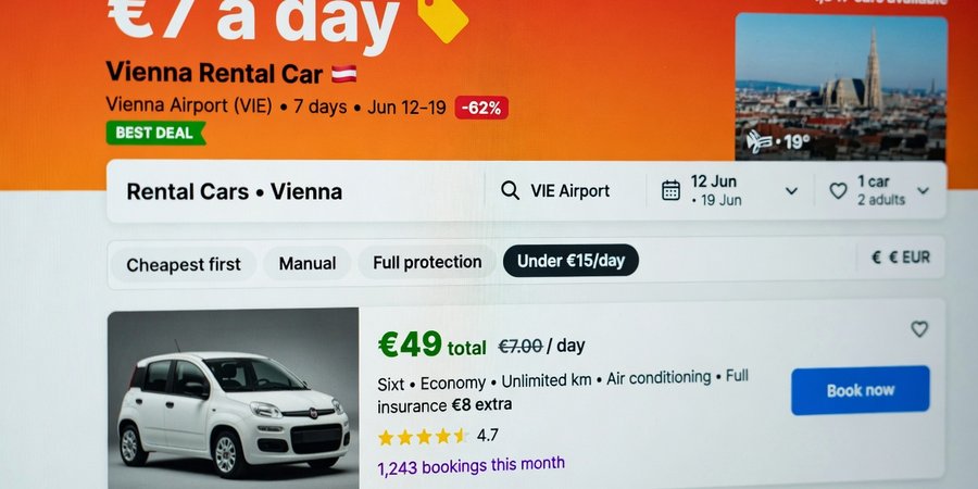 Obrazovka agregátoru s nabídkou půjčení auta ve Vídni za 7 eur na den