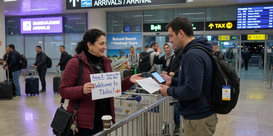 Anfitrião da TakeCars a receber um cliente no aeroporto de Tbilisi