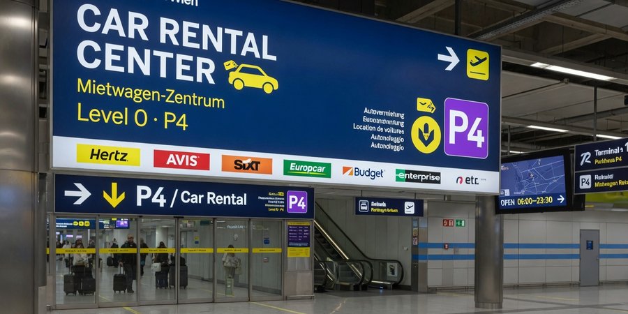 Značení Car Rental Center na úrovni 0 parkoviště P4 letiště Vídeň