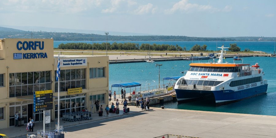 Terminál letiště Korfu, v pozadí rychlolod směrem do Sarandy