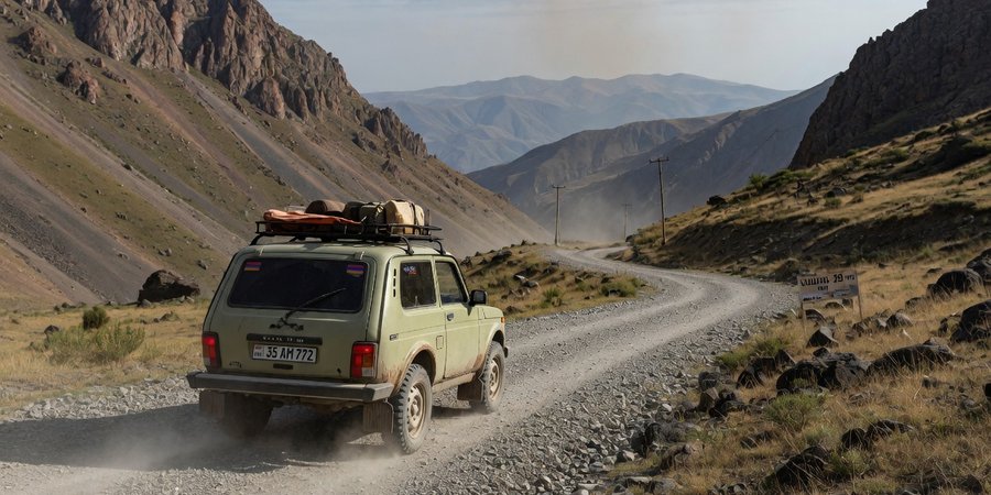 Lada Niva na šotolinové cestě v sjunikských horách, Arménie