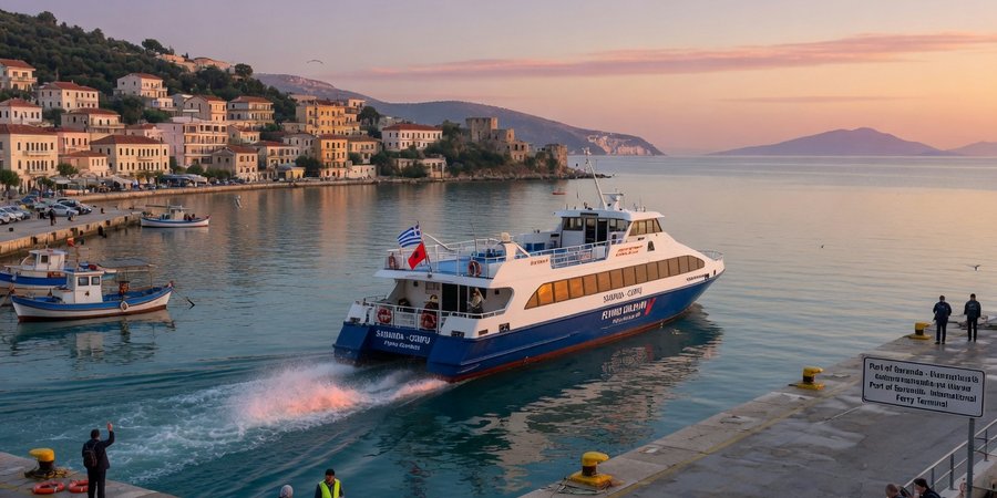 Saranda port hydrofoil departing for Corfu island in early morning light