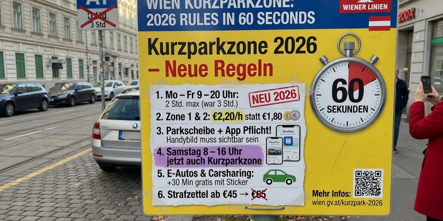 Vídeňská ulice s parkovacím lístkem Parkschein na palubní desce auta