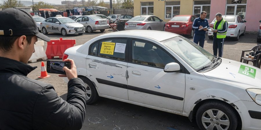 Erivan teslimat alanında kiracı, kiralık aracın kaportasını telefonla kaydediyor